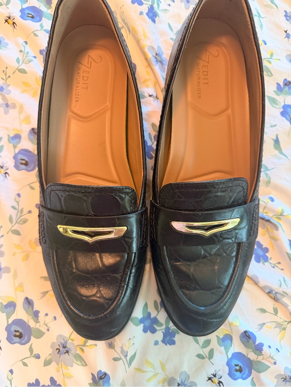Naturalizer Black Croc-Embossed Slip-On Loafers with Gold Accent